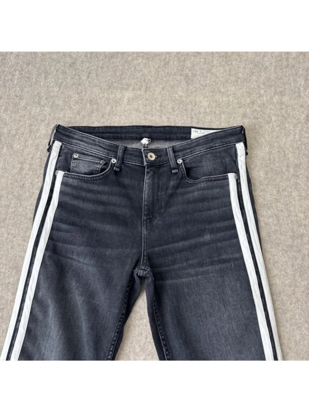 Rag‎ Bone Cate Flare Jeans Womens 29 Charcoal Stripe Mid Rise Ankle Cropped Raw